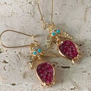 Vintage Pomegranate Red Gold Earrings